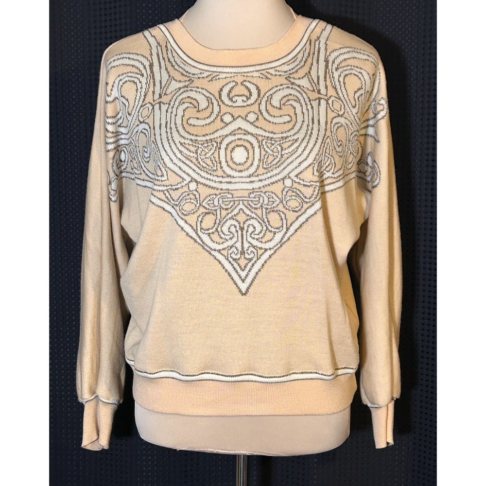 Vintage Escada Laurel Light Peach Geometric Metallic Thread Sweater Womens M